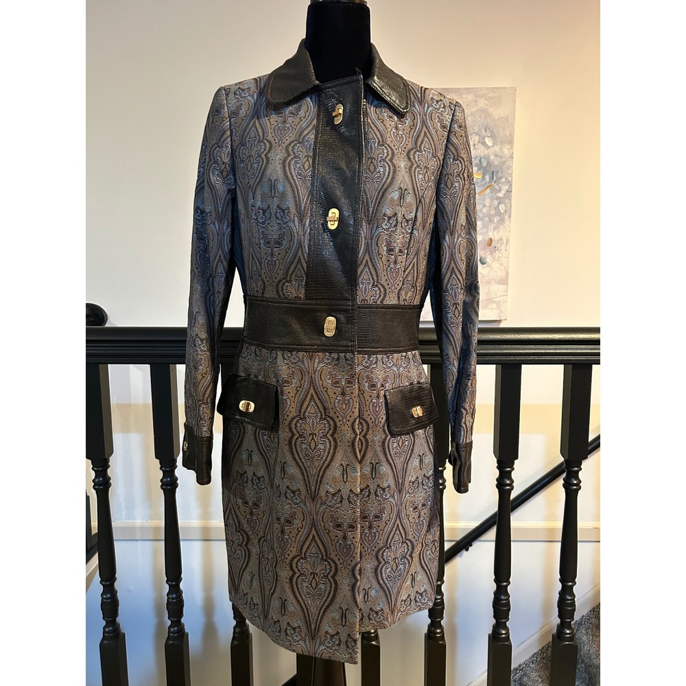 Etcetera Paisley Brocade Trench Coat Faux Leather Trim Turn Lock Blue Brown 8